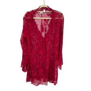 Fredricks of Hollywood Top Women 1X Red Pullover Sheer Floral Sexy Tomato Girl